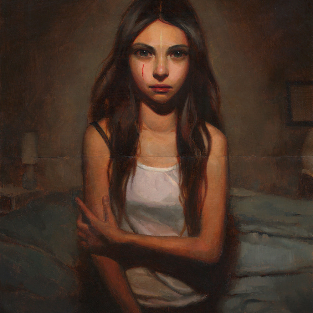 A painting by Crystal Chan depicts a young woman with long brown hair in a dimly lit room. Clad in a white tank top and wearing a somber expression, she has a red mark on her cheek and holds her left arm. Crafted in oil on primed paper, this evocative piece is available for sale as art.