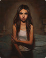 A painting by Crystal Chan depicts a young woman with long brown hair in a dimly lit room. Clad in a white tank top and wearing a somber expression, she has a red mark on her cheek and holds her left arm. Crafted in oil on primed paper, this evocative piece is available for sale as art.