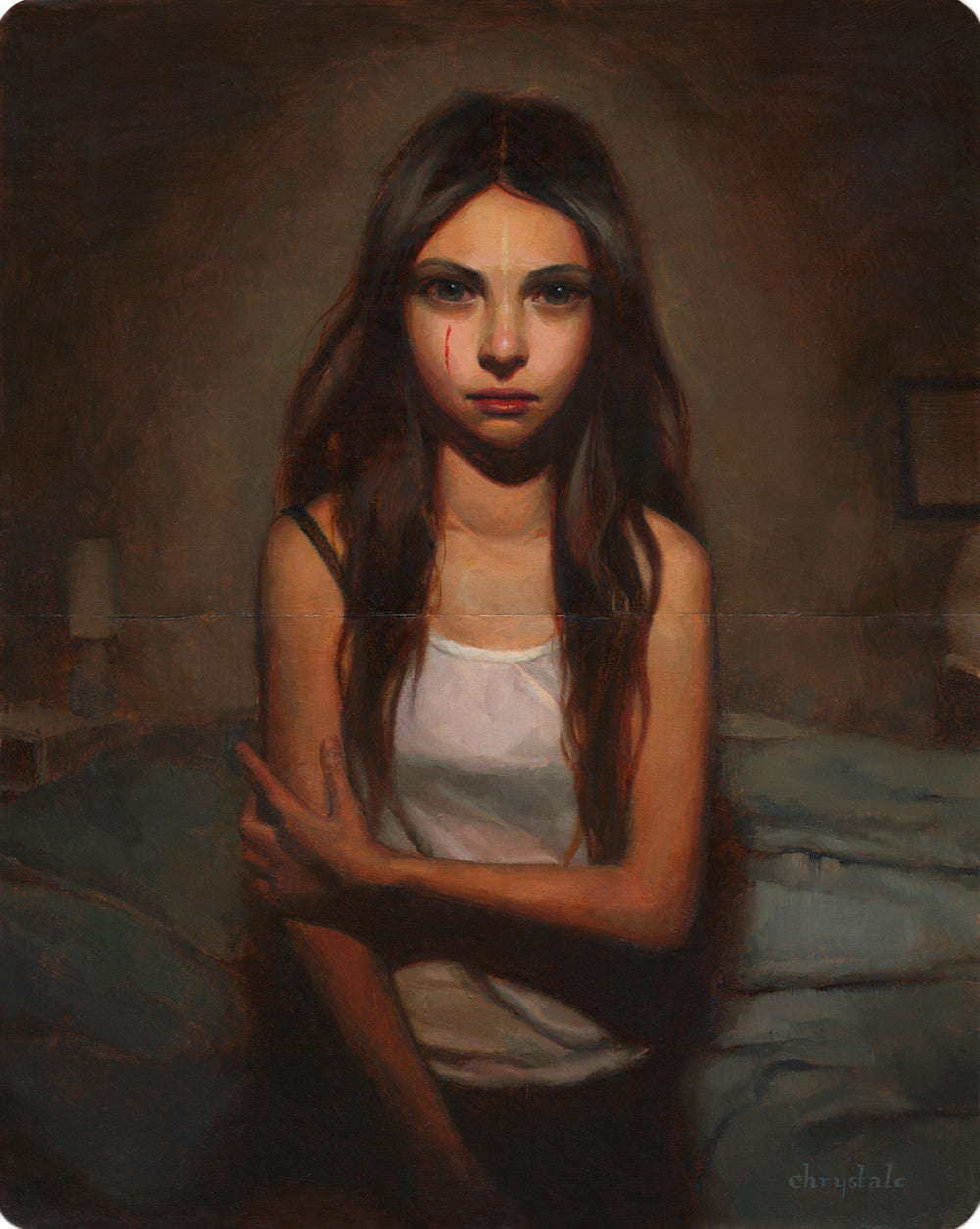 A painting by Crystal Chan depicts a young woman with long brown hair in a dimly lit room. Clad in a white tank top and wearing a somber expression, she has a red mark on her cheek and holds her left arm. Crafted in oil on primed paper, this evocative piece is available for sale as art.