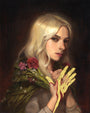A young woman with long blonde hair holds flowers, wearing a leafy-textured garment. Her left hand, in a golden glove, drips red liquid. This Chrystal Chan piece at Spoke Art Gallery emits an ethereal glow against the dark background.