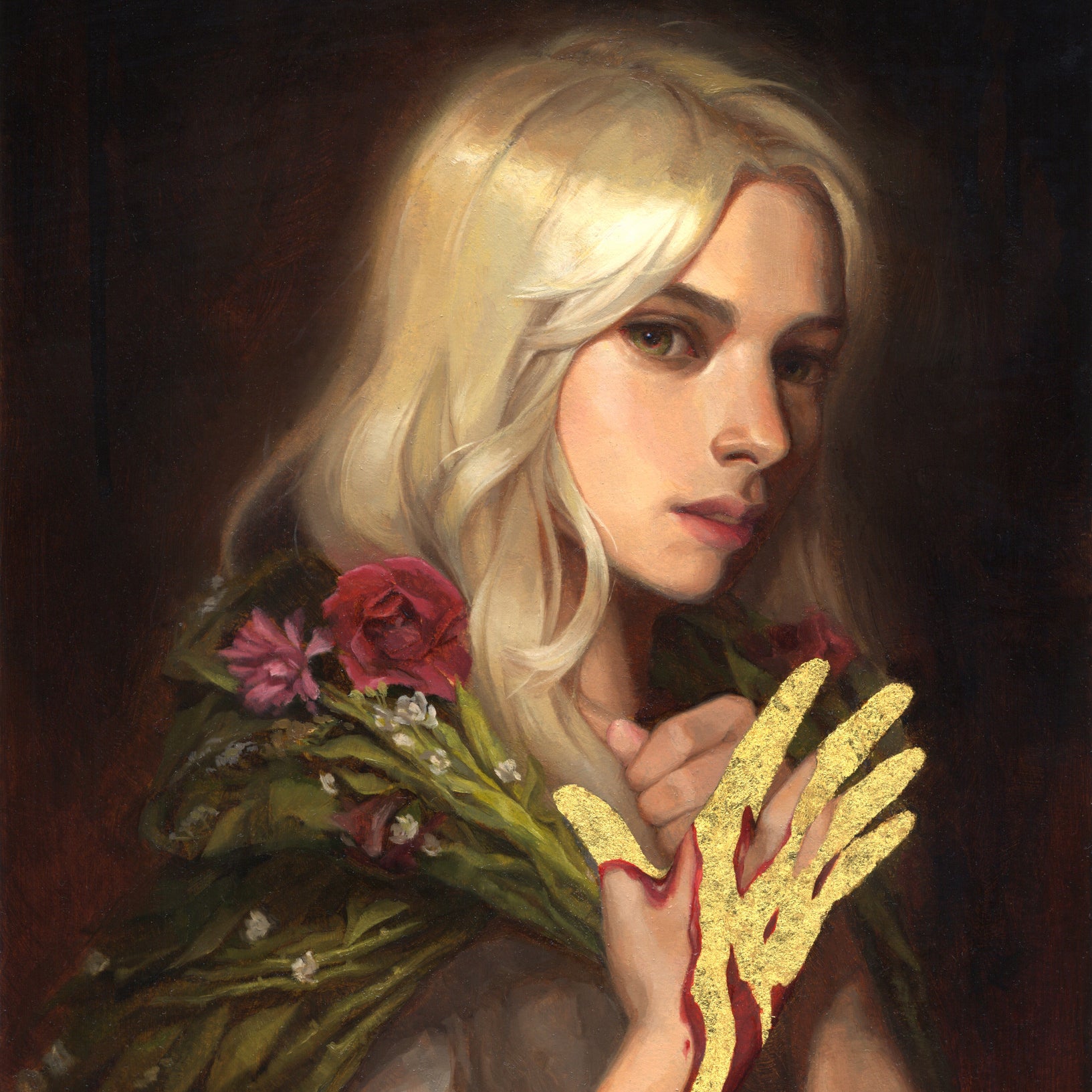 A young woman with long blonde hair holds flowers, wearing a leafy-textured garment. Her left hand, in a golden glove, drips red liquid. This Chrystal Chan piece at Spoke Art Gallery emits an ethereal glow against the dark background.
