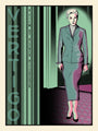 This limited edition screen print by Chuck Sperry features a vintage-style illustration of a woman in a green suit against an art deco backdrop, with bold text reading Vertigo and A Film by Alfred Hitchcock, in a sophisticated blend of teal, pink, and black.