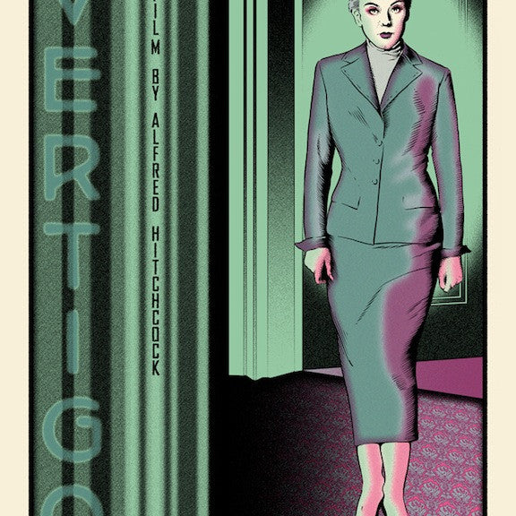 This limited edition screen print by Chuck Sperry features a vintage-style illustration of a woman in a green suit against an art deco backdrop, with bold text reading Vertigo and A Film by Alfred Hitchcock, in a sophisticated blend of teal, pink, and black.
