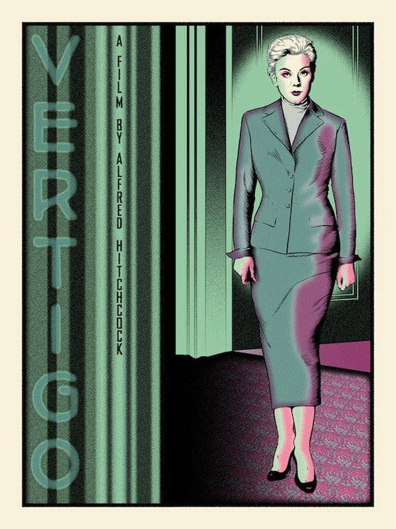This limited edition screen print by Chuck Sperry features a vintage-style illustration of a woman in a green suit against an art deco backdrop, with bold text reading Vertigo and A Film by Alfred Hitchcock, in a sophisticated blend of teal, pink, and black.