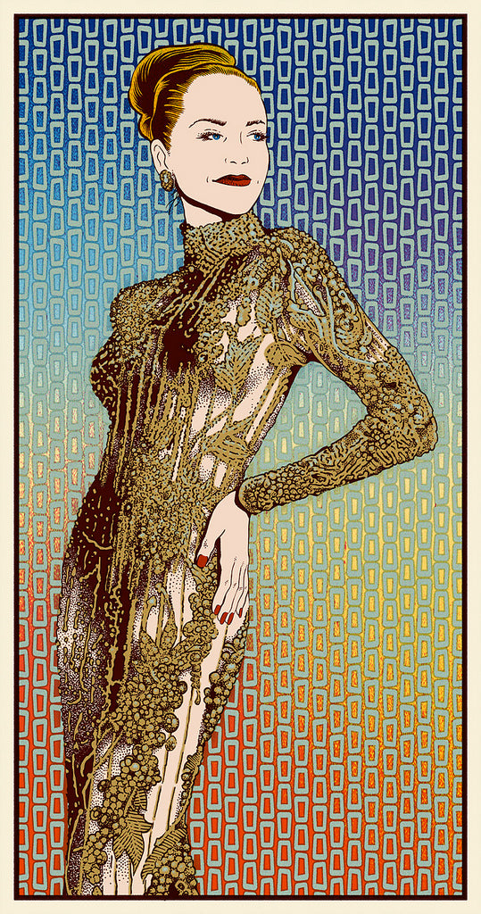 Chuck Sperry presents a limited edition screen print: a stylized woman in a detailed, form-fitting dress with a high collar. Her elegant updo and closed eyes complement the backgrounds blue-to-orange gradient with vertical ovals.