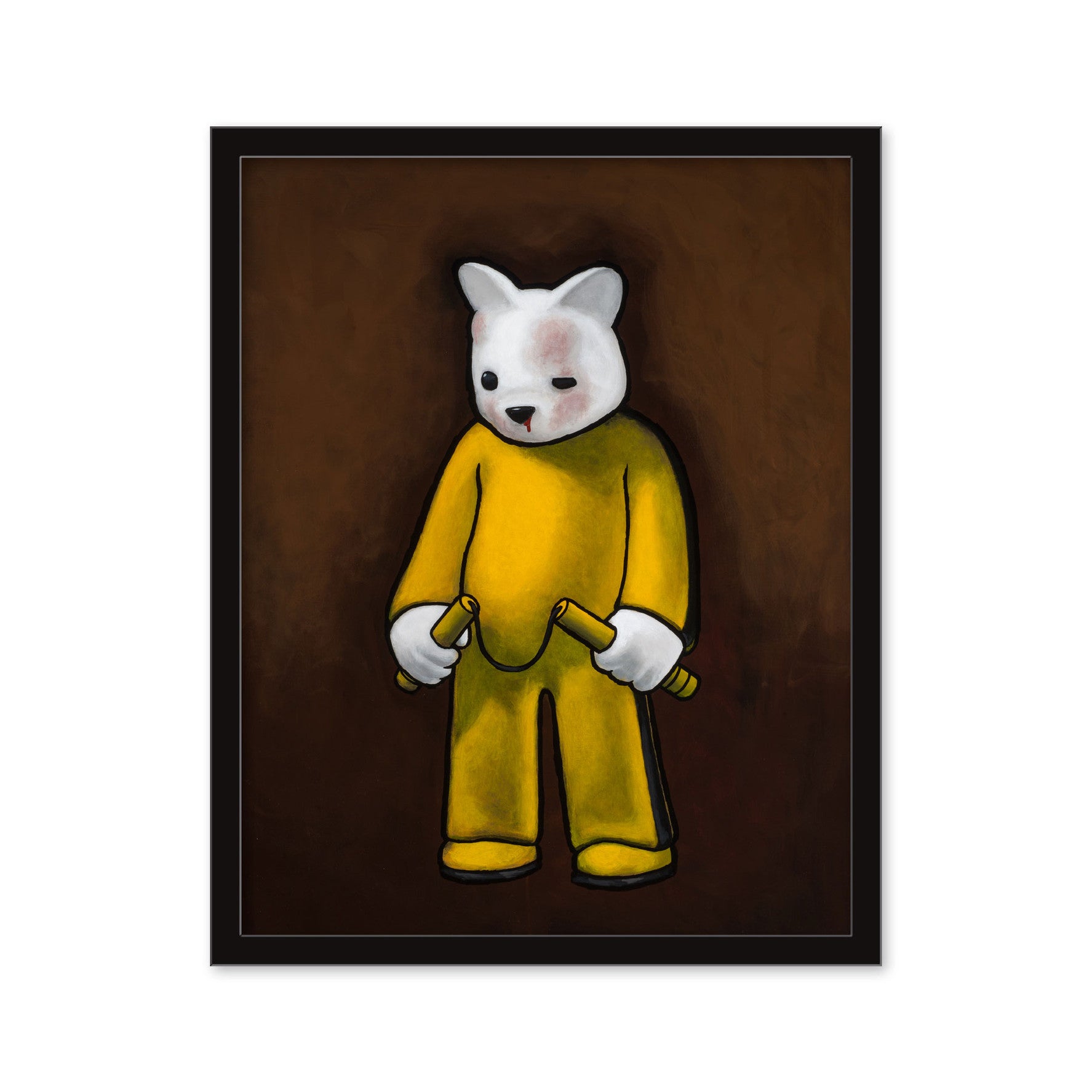 Luke Chuehs giclee print features a bear in a yellow outfit holding two objects, set against a dark brown backdrop. Custom framing is available.