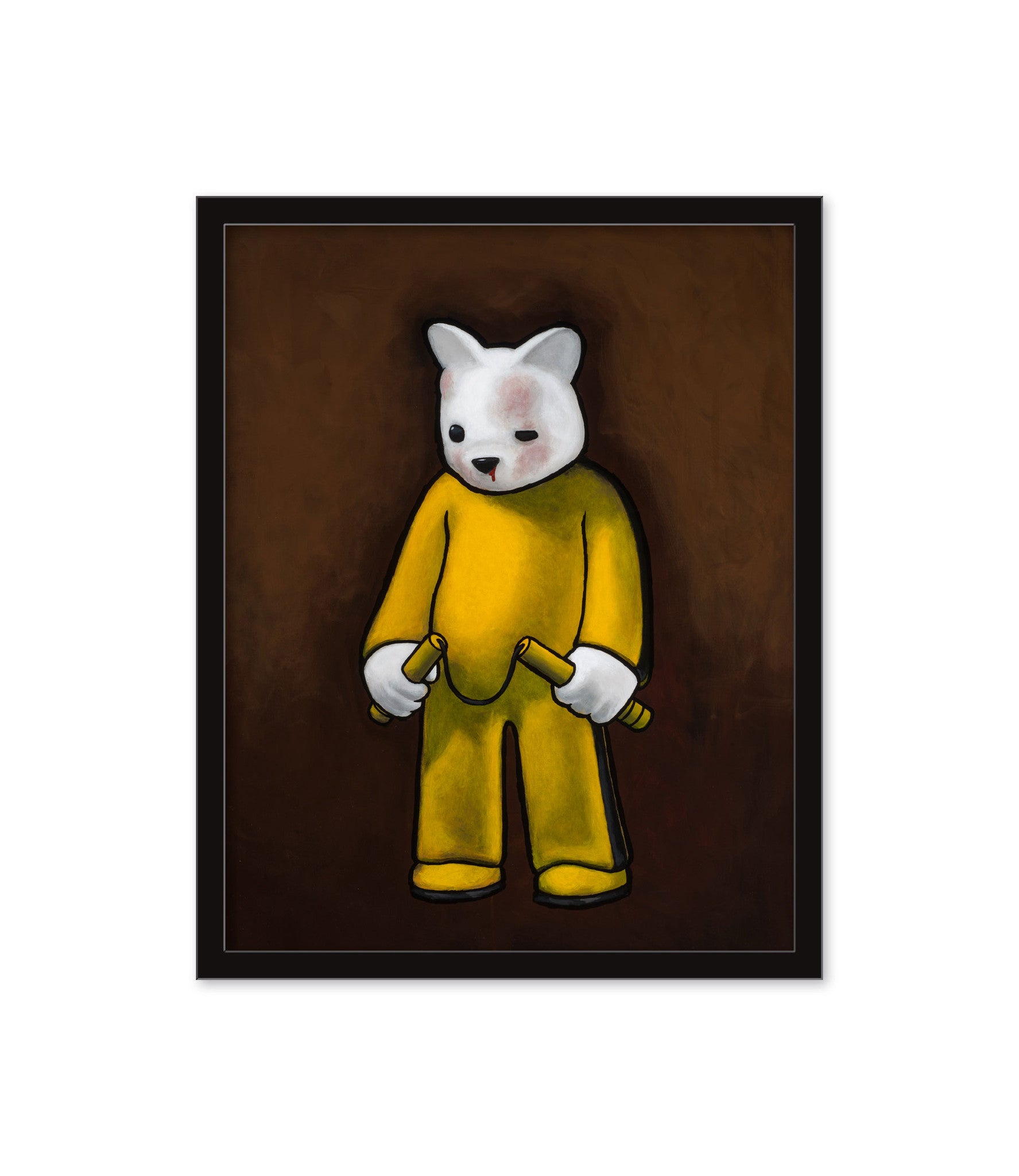 Luke Chuehs giclee print features a bear in a yellow outfit holding two objects, set against a dark brown backdrop. Custom framing is available.
