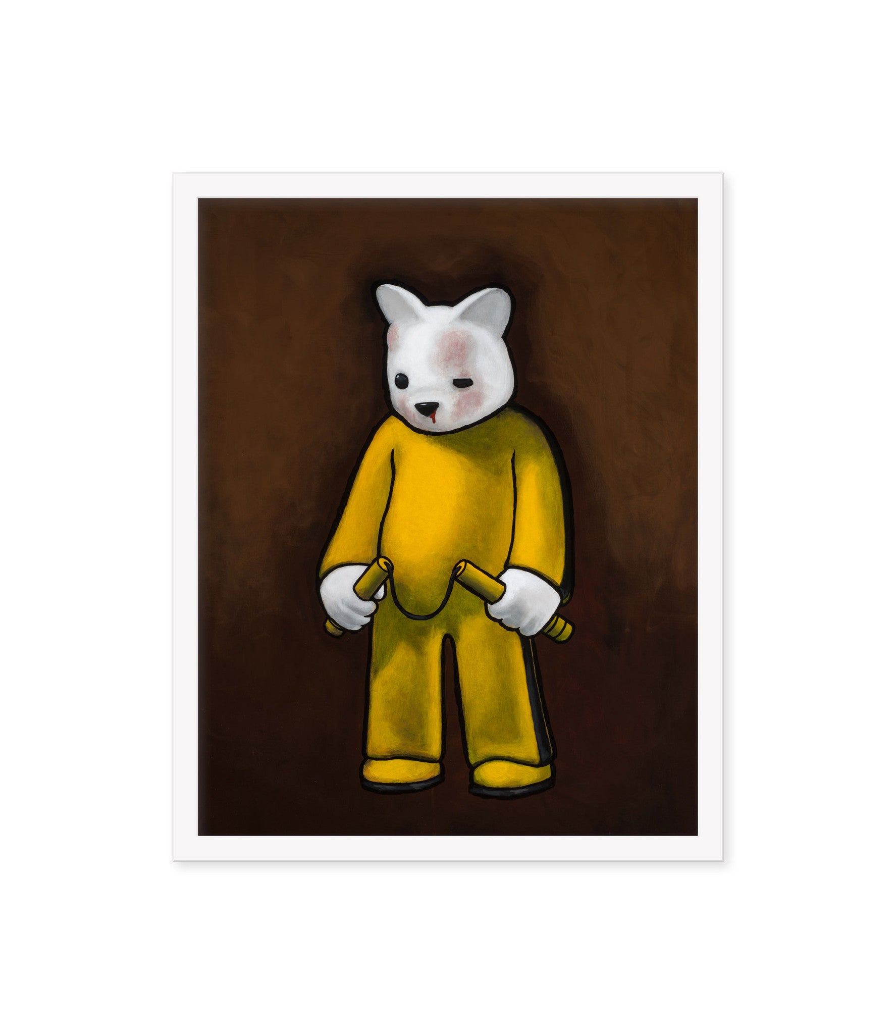 This giclee print by Luke Chueh features a bear-like figure with a white head in a yellow outfit, holding two yellow batons against a dark background. Consider custom framing with UV-resistant plexiglass to maintain its vibrant colors and striking presence.