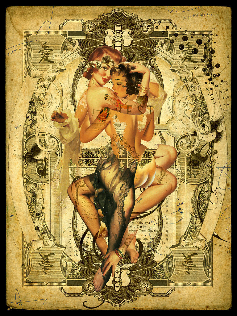 A vintage-style illustration by Handiedan features entwined figures among ornate patterns and symbols. The intricate background, reflecting archival fine art giclee quality, displays floral motifs and abstract designs, creating a limited edition visual masterpiece.