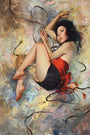 This Soey Milk oil on canvas portrays a dark-haired woman in a red and black dress, curled up in a fetal position with her right arm gracefully extended above her head and the left wrapped around her legs, set against a vibrant abstract backdrop, capturing ethereal beauty.