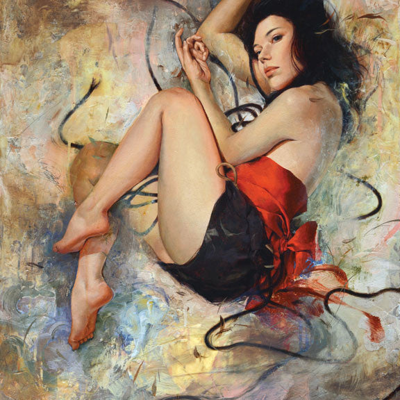 This Soey Milk oil on canvas portrays a dark-haired woman in a red and black dress, curled up in a fetal position with her right arm gracefully extended above her head and the left wrapped around her legs, set against a vibrant abstract backdrop, capturing ethereal beauty.