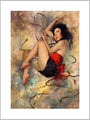 A limited edition painting by Soey Milk shows a black-haired woman elegantly curled, wearing a red and black outfit amid vibrant abstract swirls, her gaze engaging viewers.