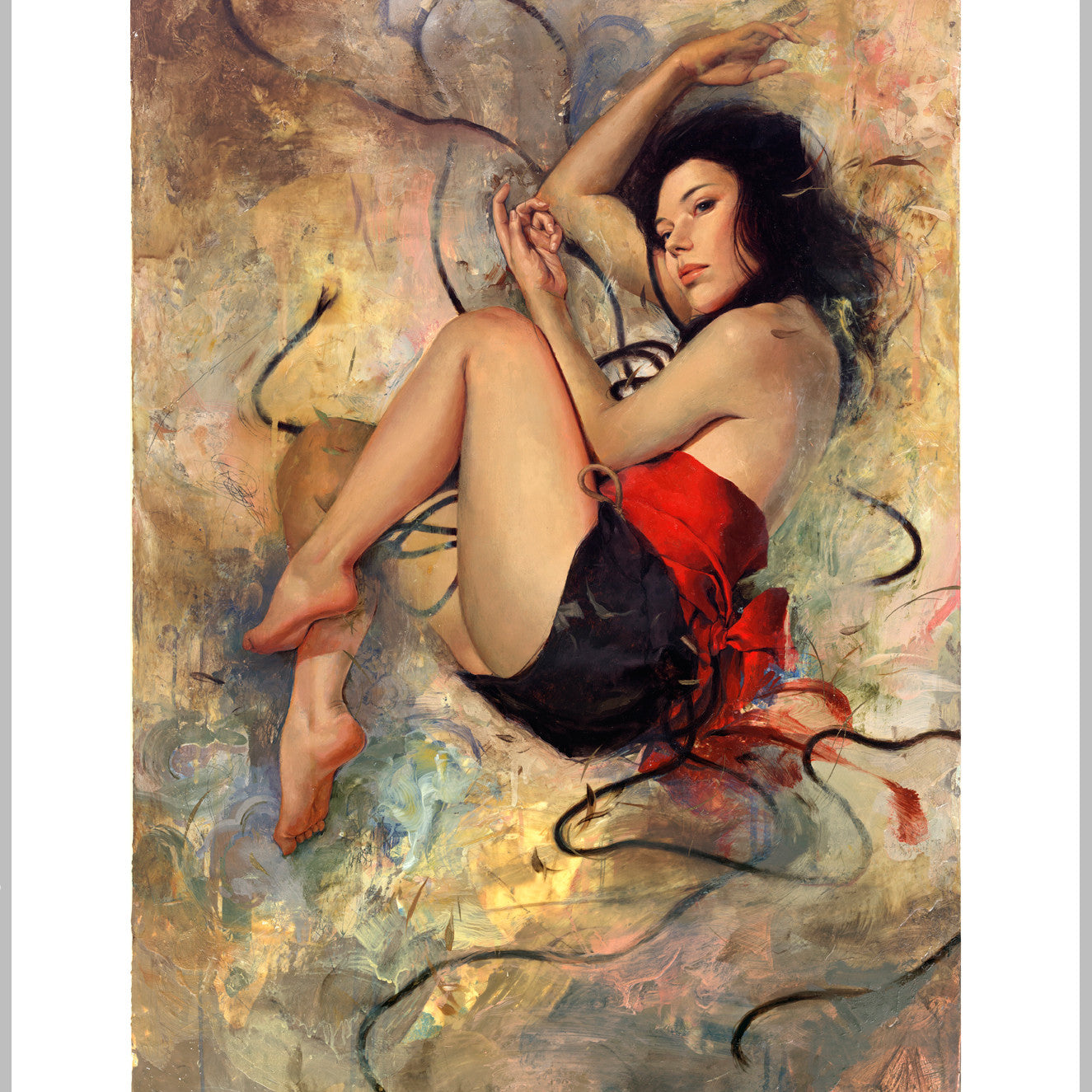 A limited edition painting by Soey Milk shows a black-haired woman elegantly curled, wearing a red and black outfit amid vibrant abstract swirls, her gaze engaging viewers.