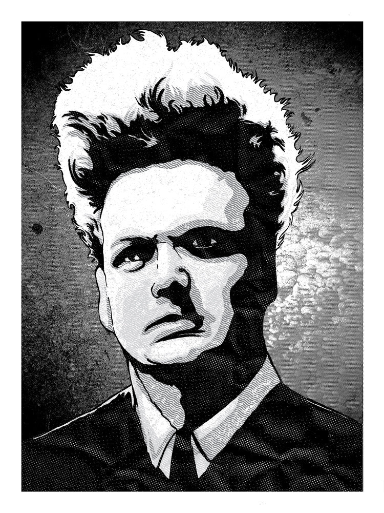 Clint Wilsons 18 x 24 black and white illustration of Henry Spencer mesmerizes with its intense expression and unique, tousled hair. The screen prints abstract textures enhance its dramatic and artistic allure.