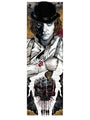A person in a bowler hat and white outfit holds a knife, set against a background featuring a stylized skull with blood drips and black roses. Four silhouettes stand together on an abstract, textured backdrop—an homage to Rhys Coopers iconic screenprint style.