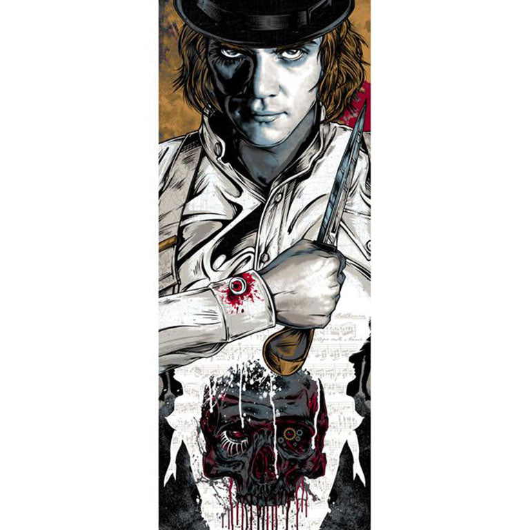 A person in a bowler hat and white outfit holds a knife, set against a background featuring a stylized skull with blood drips and black roses. Four silhouettes stand together on an abstract, textured backdrop—an homage to Rhys Coopers iconic screenprint style.