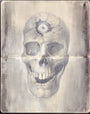 This eerie artwork by Cody Miles features a human skull with forehead cracks and a central eye in grayscale. Rendered using graphite and acrylics, it boasts a textured, aged appearance on Moleskine paper, enhancing its mysterious allure.