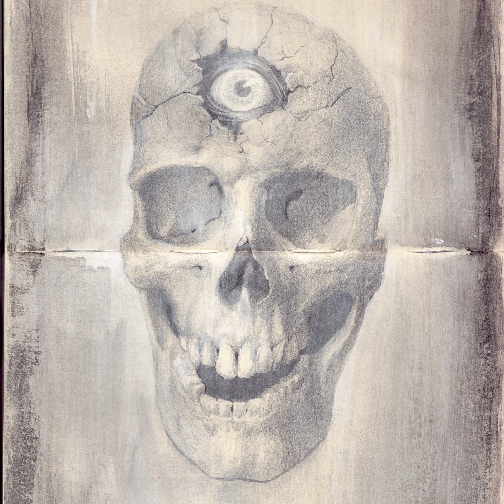This eerie artwork by Cody Miles features a human skull with forehead cracks and a central eye in grayscale. Rendered using graphite and acrylics, it boasts a textured, aged appearance on Moleskine paper, enhancing its mysterious allure.