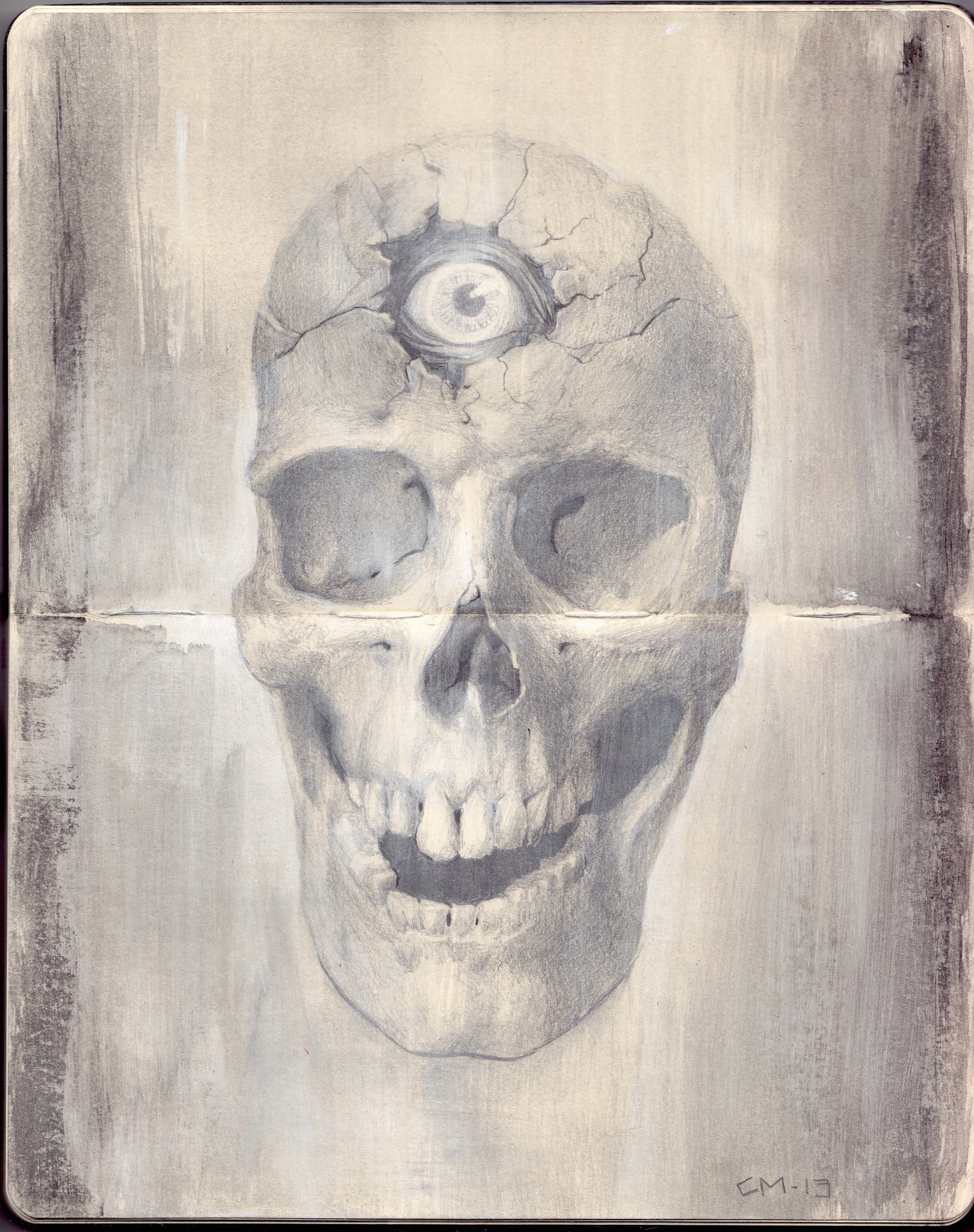 This eerie artwork by Cody Miles features a human skull with forehead cracks and a central eye in grayscale. Rendered using graphite and acrylics, it boasts a textured, aged appearance on Moleskine paper, enhancing its mysterious allure.