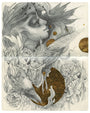 Crawws detailed pencil drawing portrays a woman with flowing hair adorned by feathers. Her profile is surrounded by flowers and a bird, with graphite and gilding leaf adding life to the scene. The artwork beautifully blends elegance with surrealism.