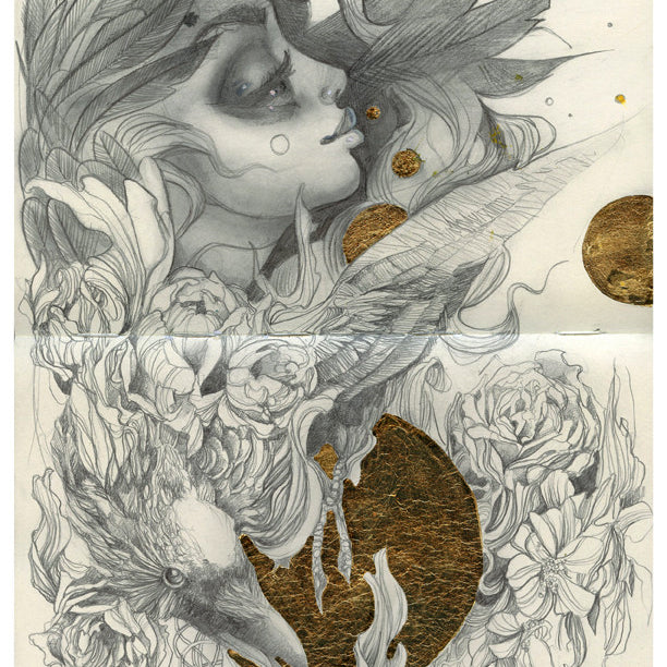 Crawws detailed pencil drawing portrays a woman with flowing hair adorned by feathers. Her profile is surrounded by flowers and a bird, with graphite and gilding leaf adding life to the scene. The artwork beautifully blends elegance with surrealism.