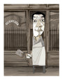 This illustration by Conor Langton features a surreal butcher with an exaggerated face and wide eyes holding a cleaver. Set in front of a sepia-toned Delicatessen shop with barred windows, it exudes eerie charm. Available as an archival pigment print in a limited edition of 30 copies.