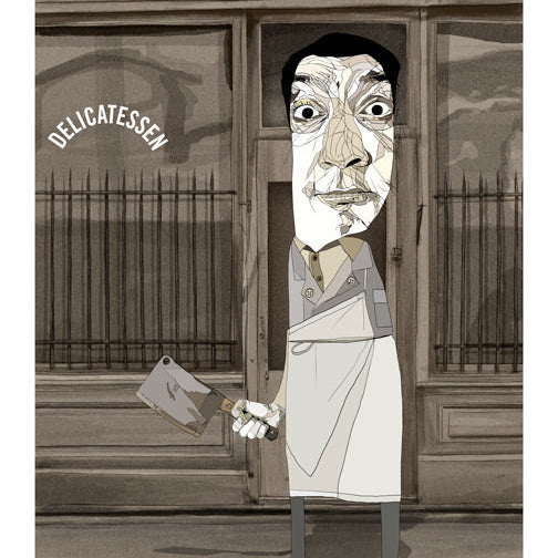 This illustration by Conor Langton features a surreal butcher with an exaggerated face and wide eyes holding a cleaver. Set in front of a sepia-toned Delicatessen shop with barred windows, it exudes eerie charm. Available as an archival pigment print in a limited edition of 30 copies.