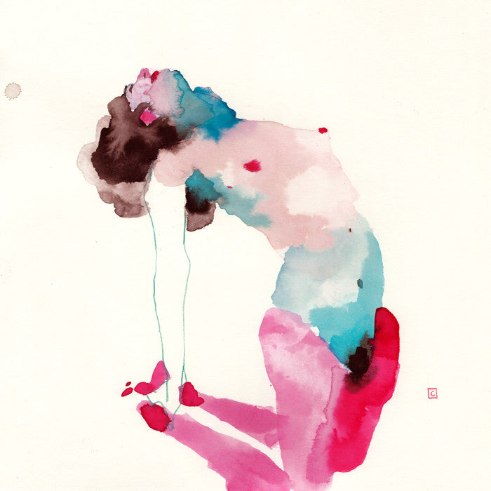 Conrad Rosets Muse 507 is a captivating abstract watercolor of a kneeling figure, painted with fluid, expressive strokes. Soft hues of pink, blue, and brown blend seamlessly on a white background.