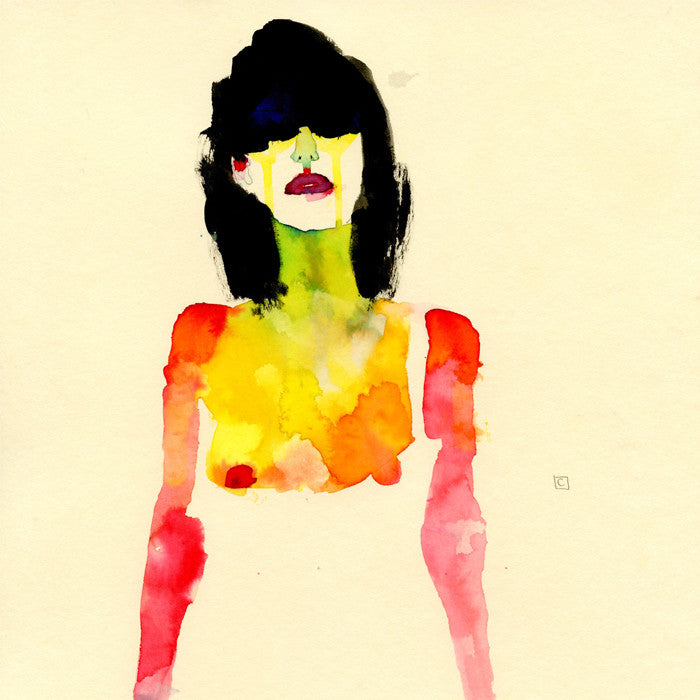 This abstract watercolor on paper by Conrad Roset depicts a person with black hair, using bold colors like green, yellow, and red flowing across the arms and torso. The fluid expression against a light background captures the essence of Muse 508.
