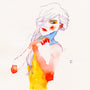 A watercolor on paper in Conrad Rosets style features a woman with long hair and vibrant splashes of red, blue, and yellow. Her hand gently near her chin against a plain background beautifully highlights the colorful artistry reminiscent of Muse 513.