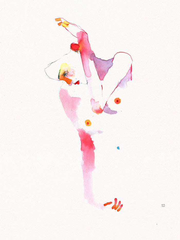 Muse 641 by Conrad Roset features an abstract watercolor of a person with an outstretched arm and tilted head, using vibrant pink, red, and yellow on a white background to convey emotional depth.