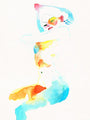 Abstract watercolor Muse 643 by Conrad Roset captures a posing figure in vibrant blue, orange, and yellow hues. The relaxed yet dynamic pose conveys fluidity and movement.