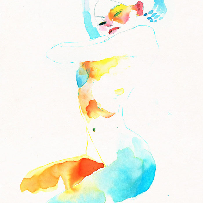 Abstract watercolor Muse 643 by Conrad Roset captures a posing figure in vibrant blue, orange, and yellow hues. The relaxed yet dynamic pose conveys fluidity and movement.