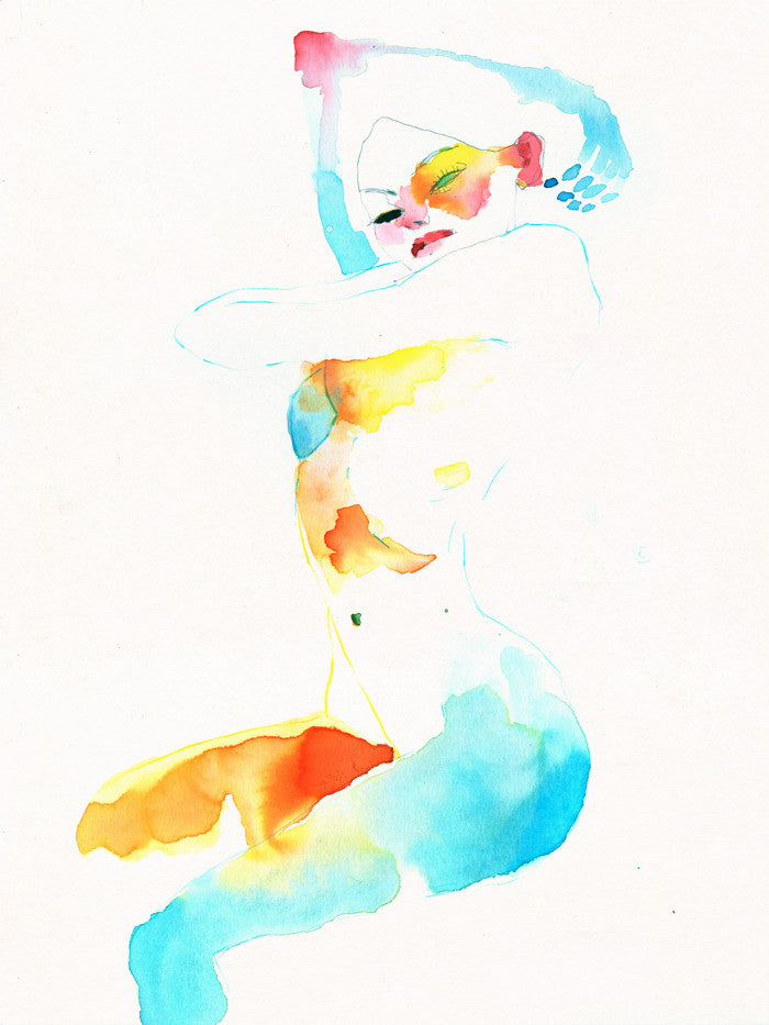Abstract watercolor Muse 643 by Conrad Roset captures a posing figure in vibrant blue, orange, and yellow hues. The relaxed yet dynamic pose conveys fluidity and movement.