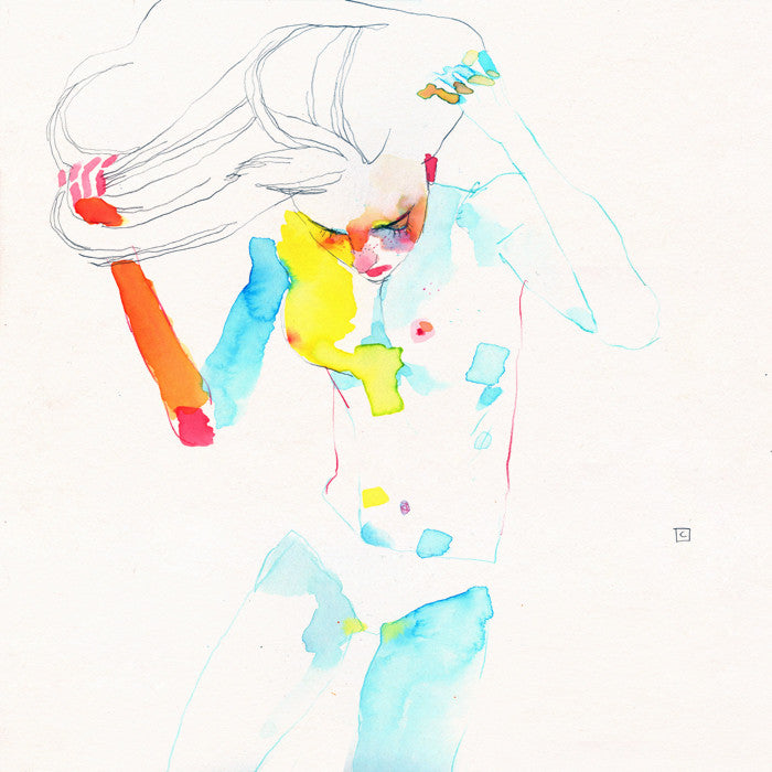 Conrad Rosets watercolor illustration Muse 648 features a topless figure with long hair in vibrant blues, yellows, and oranges. Set against a plain white background, abstract color patches highlight the figures form and movement in this captivating piece on paper.