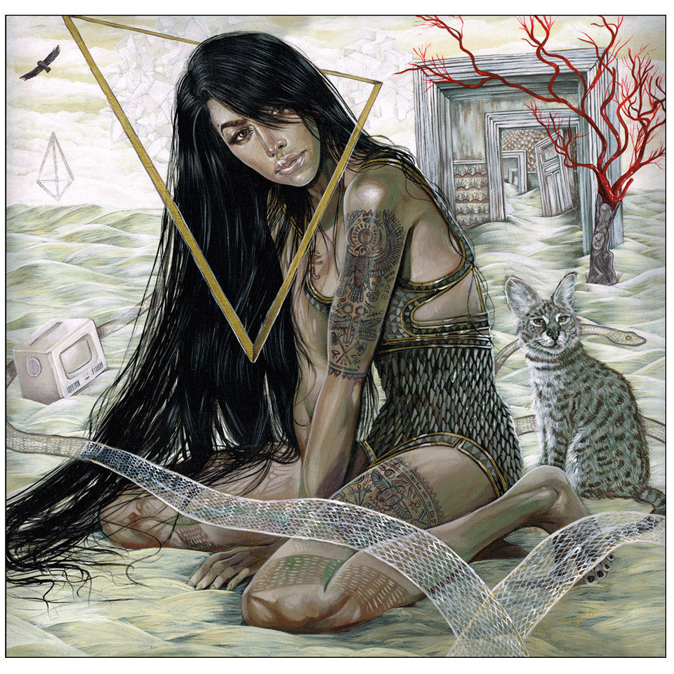 An acrylic on canvas by Serge Gay Jr. depicts a tattooed woman with black hair crouching on a patterned floor, surrounded by surreal elements—feline, monitor, red branch, distant doorways. A geometric frame encircles her while a bird soars in the sky.