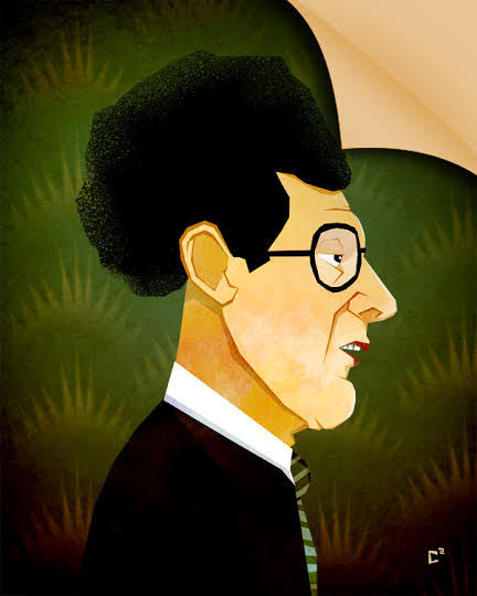 Profile illustration of a man with dark, curly hair and glasses in a suit and tie by Craig Church. The green backdrop showcases abstract patterns like Quentin vs Coens originals. It has a stylized, geometric look akin to fine art giclee prints.