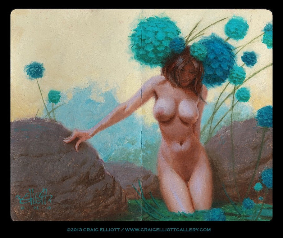 Craig Elliotts oil painting portrays a nude woman with flowing hair kneeling among large blue flowers that resemble captivating blue globes, set against a background of soft, abstract colors that evoke a dreamlike atmosphere.