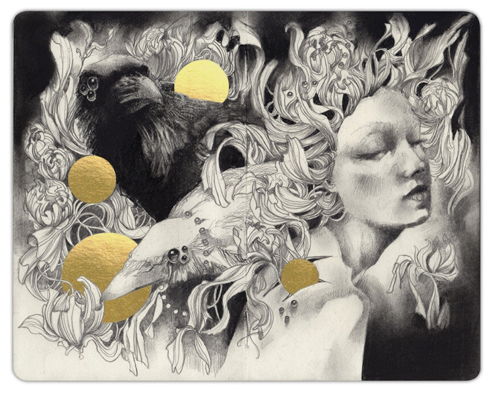 A surreal Craww illustration depicts a serene womans face with flowing hair interwoven with intricate foliage. A bird and abstract elements emerge from the graphite artwork, enhanced by gold gilding leaf accents that provide a striking contrast to the monochrome piece.