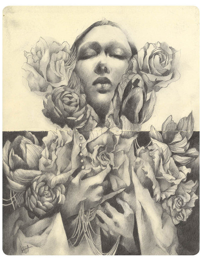 A surreal graphite drawing by Craww features a serene figure with closed eyes, surrounded by blooming roses. The floral elements blend with the figures hands and garments, forming a dreamlike, harmonious composition. Its custom framed to enhance its ethereal beauty.