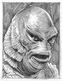 Jason Edmistons graphite art sketch depicts a humanoid, fish-like creature evocative of The Creature From The Black Lagoon, featuring textured scales, a large mouth, expressive eyes, and ridged fins on the head and neck enhanced by detailed shading.