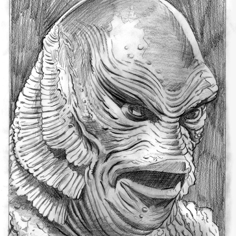 Jason Edmistons graphite art sketch depicts a humanoid, fish-like creature evocative of The Creature From The Black Lagoon, featuring textured scales, a large mouth, expressive eyes, and ridged fins on the head and neck enhanced by detailed shading.