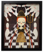 A stylized Viking with a horned helmet, red braids, and trident stands serenely on a black and white checkered path with bowling pins, embodying the whimsical charm of Crowded Teeth. The figure wears a gold outfit reminiscent of a Giclée Print collection.