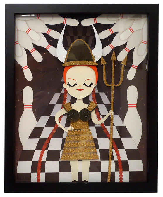 A stylized Viking with a horned helmet, red braids, and trident stands serenely on a black and white checkered path with bowling pins, embodying the whimsical charm of Crowded Teeth. The figure wears a gold outfit reminiscent of a Giclée Print collection.