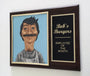 This Cuyler Smith archival digital print plaque showcases a cartoon character with dark hair and a mustache, inscribed Bobs Burgers Employee of the Month in gold on black. It features a wooden frame and was spotlighted at the Bobs Burgers art show at Spoke Art NYC.