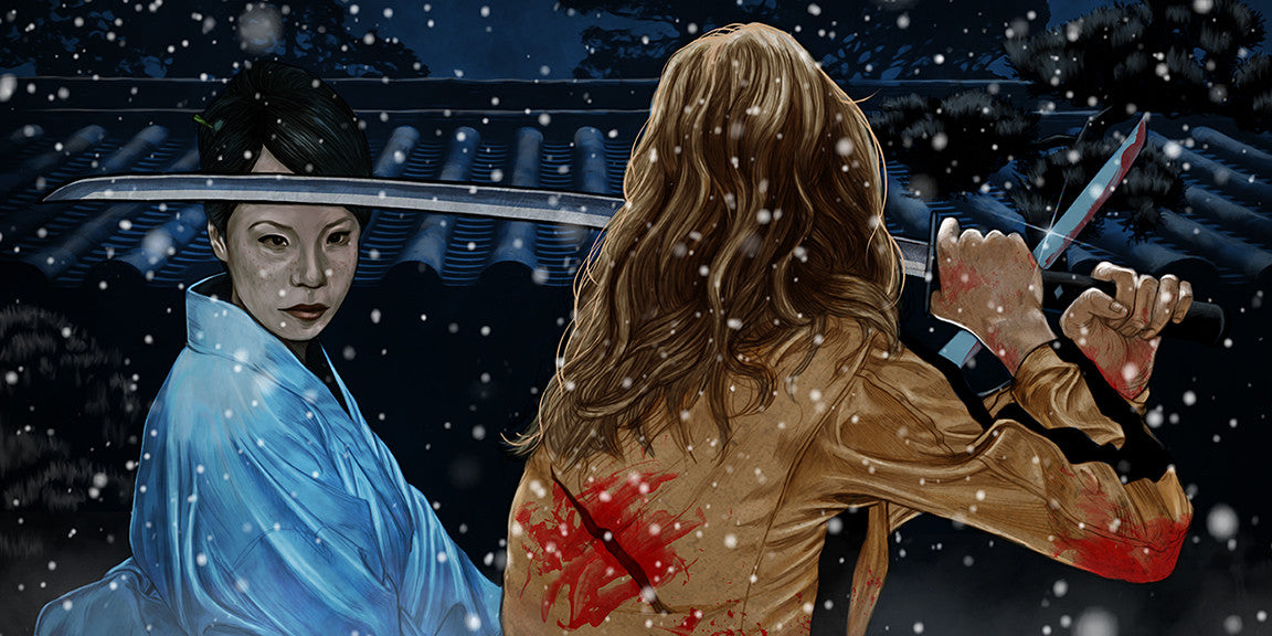In a captivating scene by Cuyler Smith, reminiscent of Quentin vs Coen, two women confront each other under the moonlit snow. One wields a katana in a light blue robe while the other, in yellow with a blood-stained back, holds her sword ready. This fine art giclee print captures their intense rooftop silhouette standoff.