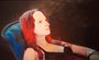 Dalva, with her long red hair, reclines on a blue chair, lost in thought. Her serene expression captivates against a dark backdrop. This acrylic on wood piece by Cyfacon was showcased at the Supersonic Electronic Invitational.