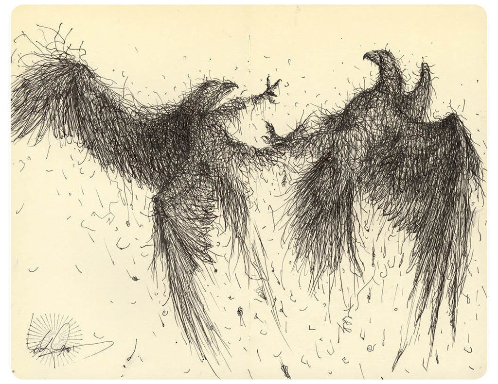 This Moleskine drawing features two large birds facing each other, their wings outstretched. Crafted in ink, it uses intricate black lines to convey movement and energy on a light background, echoing the dynamic style of DALeast.