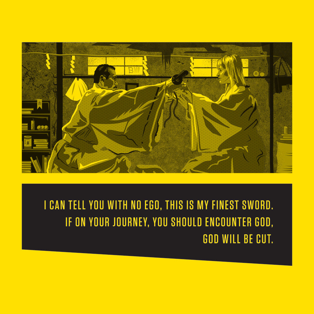 A stylized illustration of two cloaked fencers on a yellow background reminiscent of a Quentin vs Coen print. Bold text: I can tell you with no ego, this is my finest sword. If on your journey, you should encounter God, God shall be cut. Brand: Derek Ballard.
