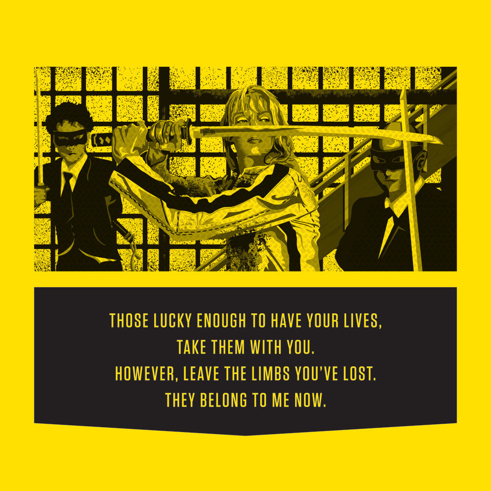 A yellow and black ink-on-transparent-film image by Derek Ballard features three figures in suits and masks, the central one wielding a sword. The text reads: Those lucky enough to have your lives, take them. However, leave the limbs youve lost; they belong to me now.